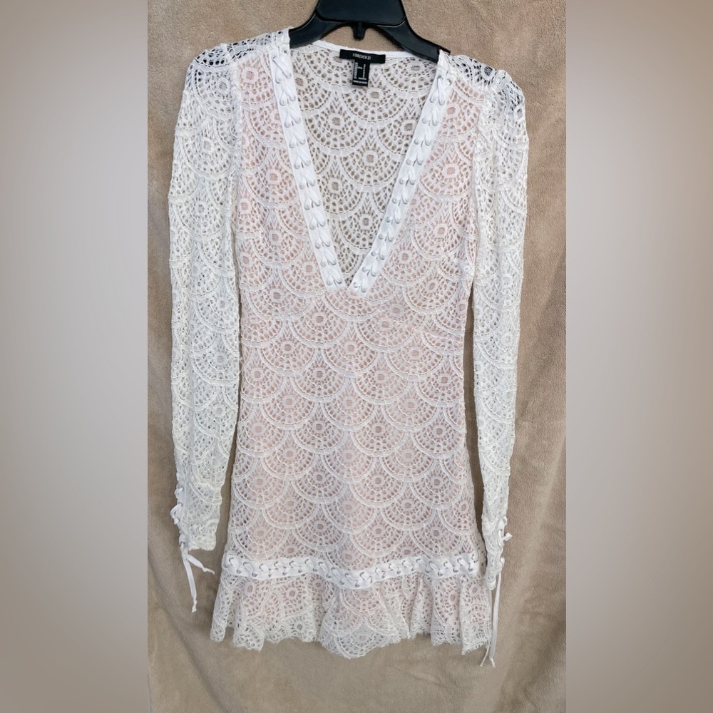 White lace dress with a beige slip. Size small